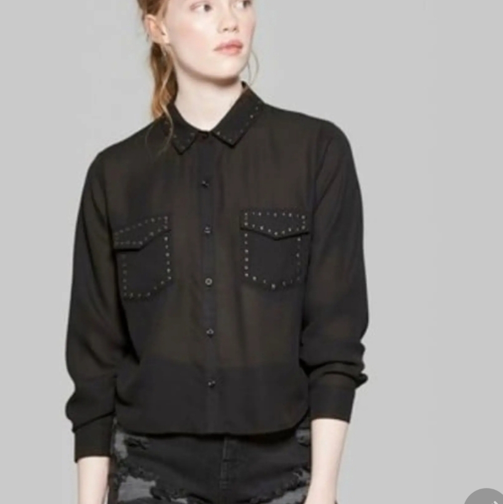 Wild Fable Black silver Studded western Button-Up Blouse top shirt M